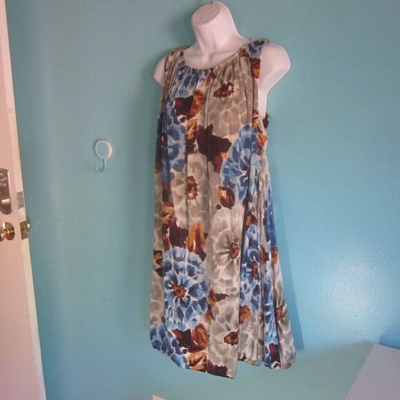 Walter Womens 100% Silk  Dress Size 10 A-Line Floral Blue Tan Above Knee Shift - Picture 1 of 15